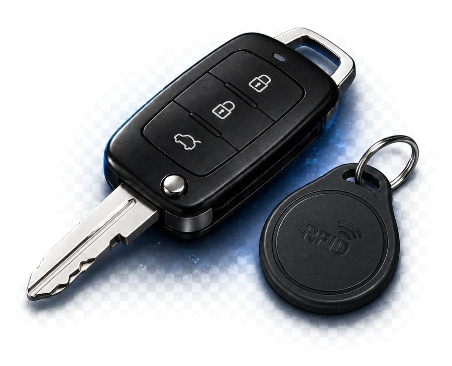 Car key fob with exposed blade and RFID tag